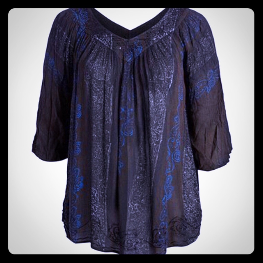 Shoreline Black Abstract V-Neck 3/4 Sleeve Top
